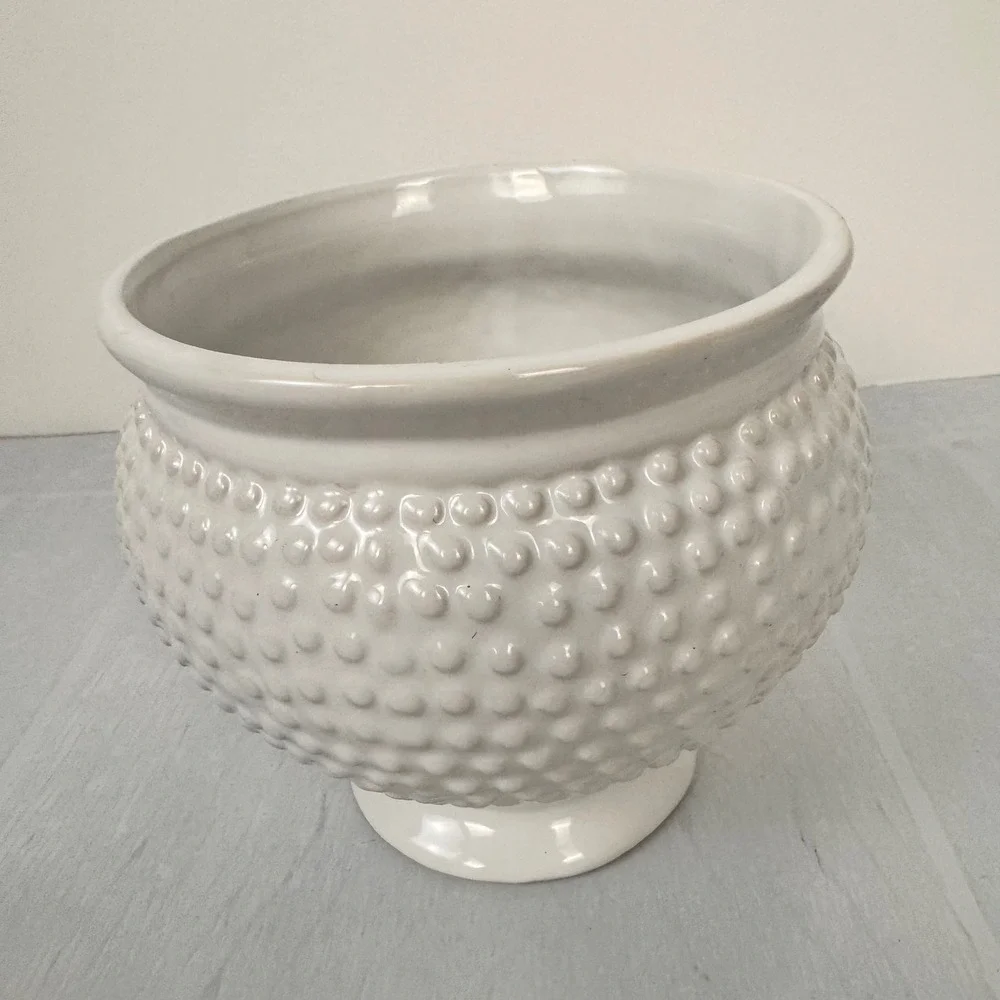 White Ceramic Hobnail Planter Pot Pedestal Base Textured Boho Decor